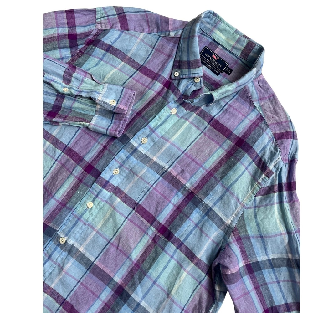 Vineyard Vines Classic Fit Murray Shirt XL 100%‎ Linen Plaid Button Down blue